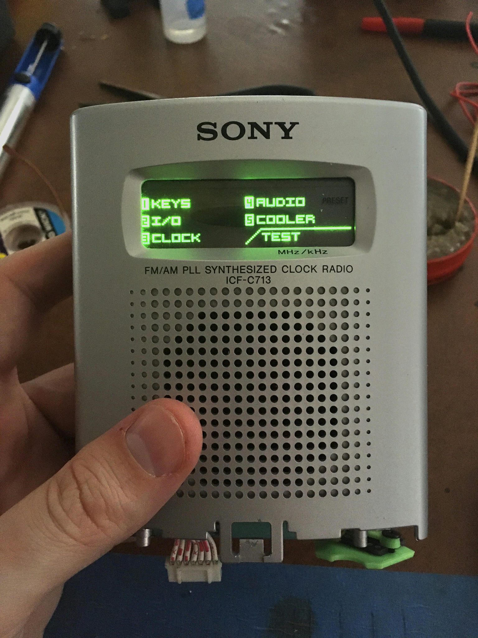 Clock radio front with menu displayed